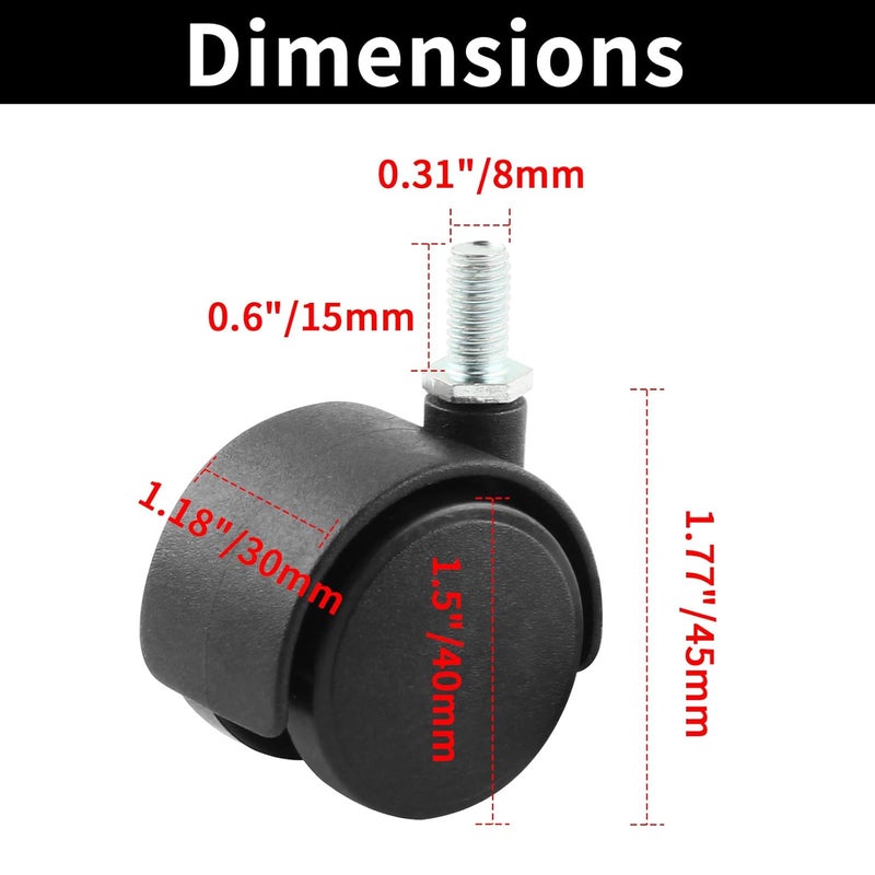 HOWDIA 4 Pack 1.5 Inch Swivel Caster Wheels for Cart, M8-1.25×15mm Threaded Stem Heavy Duty Casters, Nylon Wheels Replacement for Furniture, Table, Cabinet, Shelf（No Brake） - Image 2
