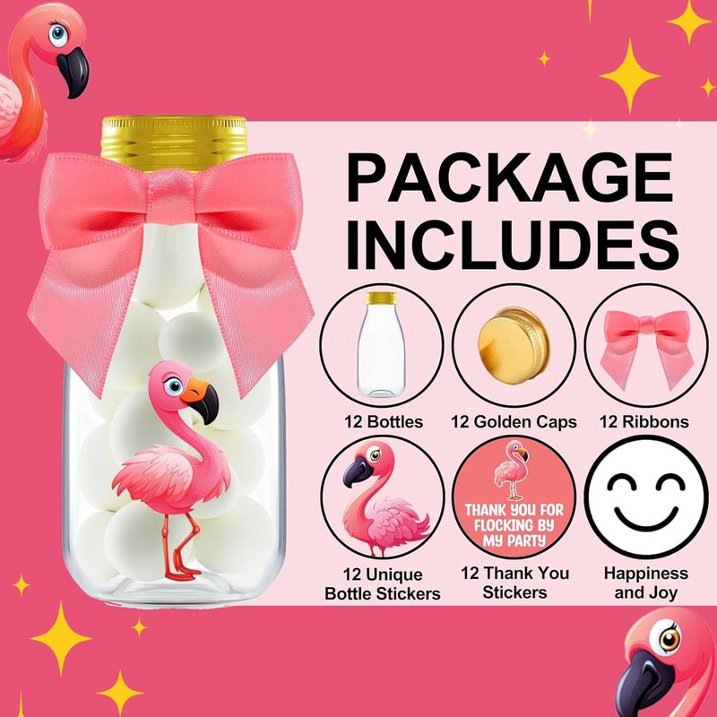 Ethisa Small 12 Pack Flamingo Party Favors - DIY Candy Jars with Ribbons and Stickers - Party Decoration Bottles for Birthday, Baby Shower and Bachelorette - Pink Table Centerpiece for Kids and Adults - Image 2