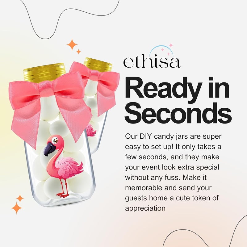 Ethisa Small 12 Pack Flamingo Party Favors - DIY Candy Jars with Ribbons and Stickers - Party Decoration Bottles for Birthday, Baby Shower and Bachelorette - Pink Table Centerpiece for Kids and Adults - Image 3