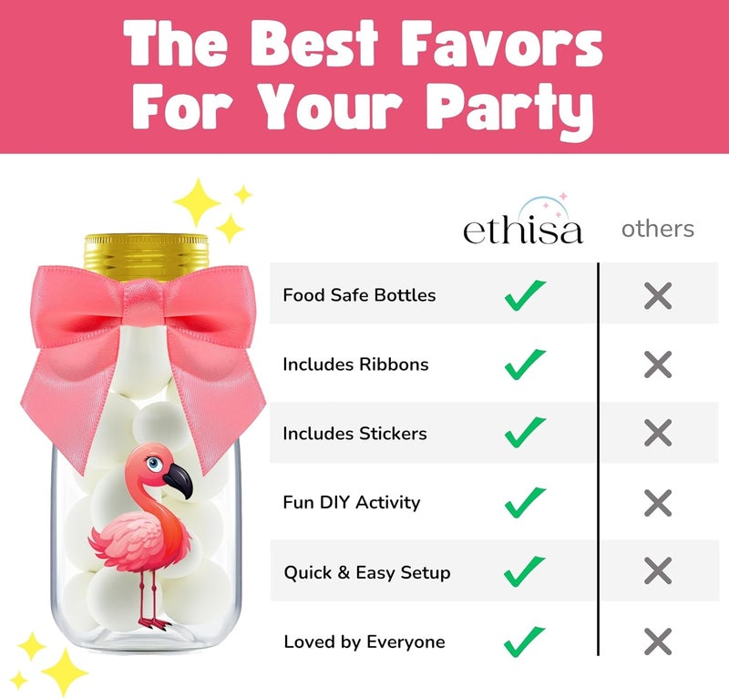Ethisa Small 12 Pack Flamingo Party Favors - DIY Candy Jars with Ribbons and Stickers - Party Decoration Bottles for Birthday, Baby Shower and Bachelorette - Pink Table Centerpiece for Kids and Adults - Image 5
