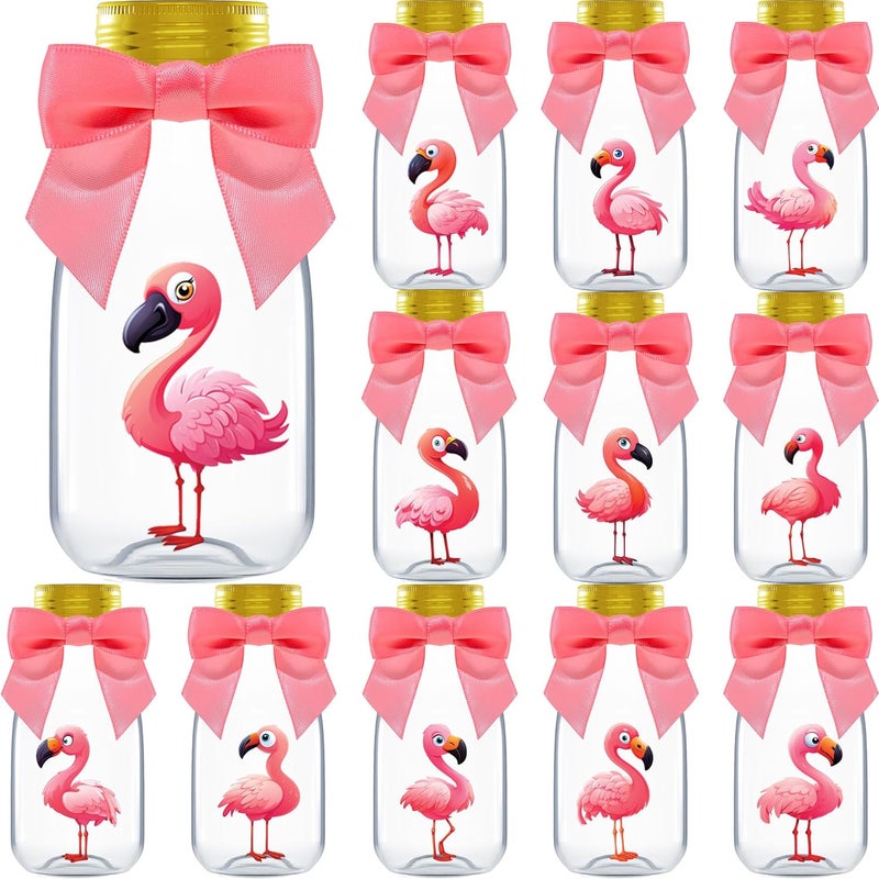 Ethisa Small 12 Pack Flamingo Party Favors - DIY Candy Jars with Ribbons and Stickers - Party Decoration Bottles for Birthday, Baby Shower and Bachelorette - Pink Table Centerpiece for Kids and Adults - Image 1