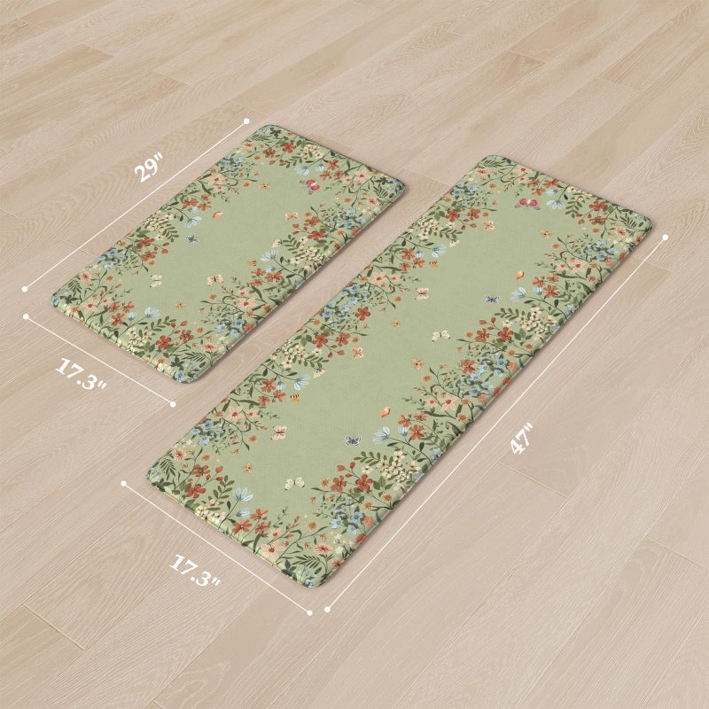 KIMODE Anti Fatigue Kitchen Mat for Floor, 17"x47"+17"x29" Butterfly Flower Kitchen Rugs Non Skid, Cushioned Padded Kitchen Floor Mat, Comfort Standing Mat for Laundry Office Sink Desk Sage Green - Image 3