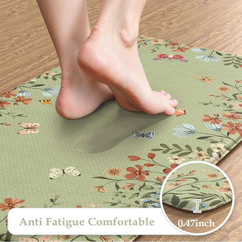 KIMODE Anti Fatigue Kitchen Mat for Floor, 17"x47"+17"x29" Butterfly Flower Kitchen Rugs Non Skid, Cushioned Padded Kitchen Floor Mat, Comfort Standing Mat for Laundry Office Sink Desk Sage Green - Image 2
