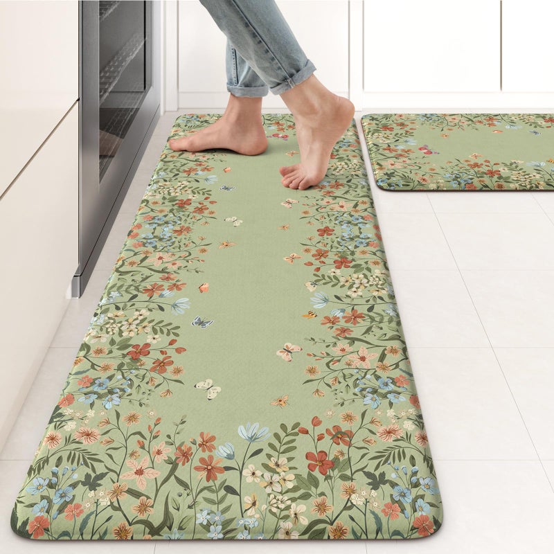 KIMODE Anti Fatigue Kitchen Mat for Floor, 17"x47"+17"x29" Butterfly Flower Kitchen Rugs Non Skid, Cushioned Padded Kitchen Floor Mat, Comfort Standing Mat for Laundry Office Sink Desk Sage Green - Image 1