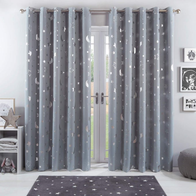 GALAXY STAR THERMAL BLACKOUT CURTAINS FOR KIDS BEDROOM PAIR OF EYELET RING TOP PANELS METALLIC MOON SILVER GREY