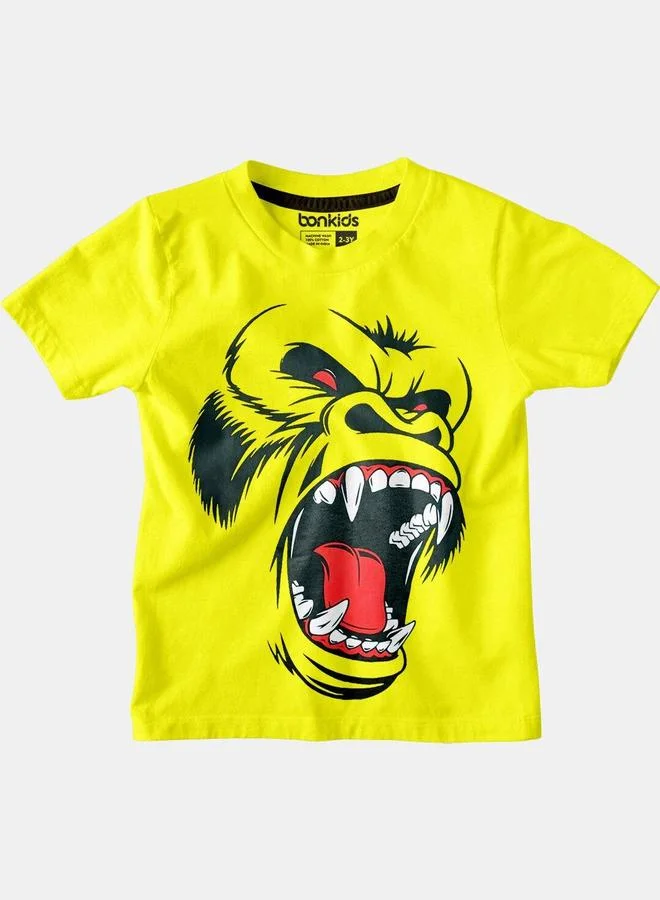 Bonkids Regular Printed Lime And Yellow Cotton T-Shirt Round Neck Flat Pull On 100 % Cotton