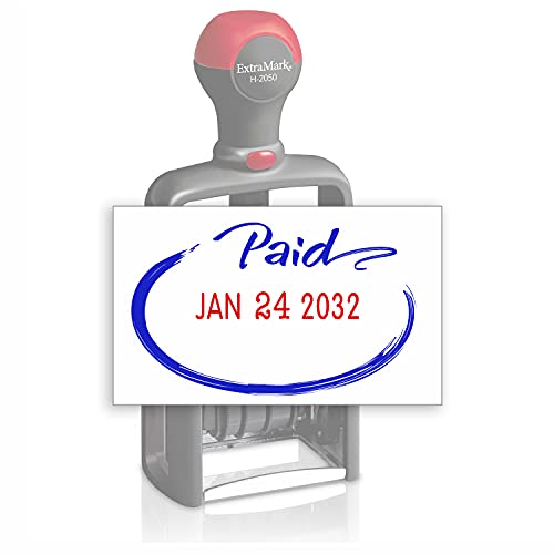 ExtraMark Heavy Duty Style Office Date Stamp with Paid - Self Inking Dater - Style C - Blue & Red Ink Color - Image 1