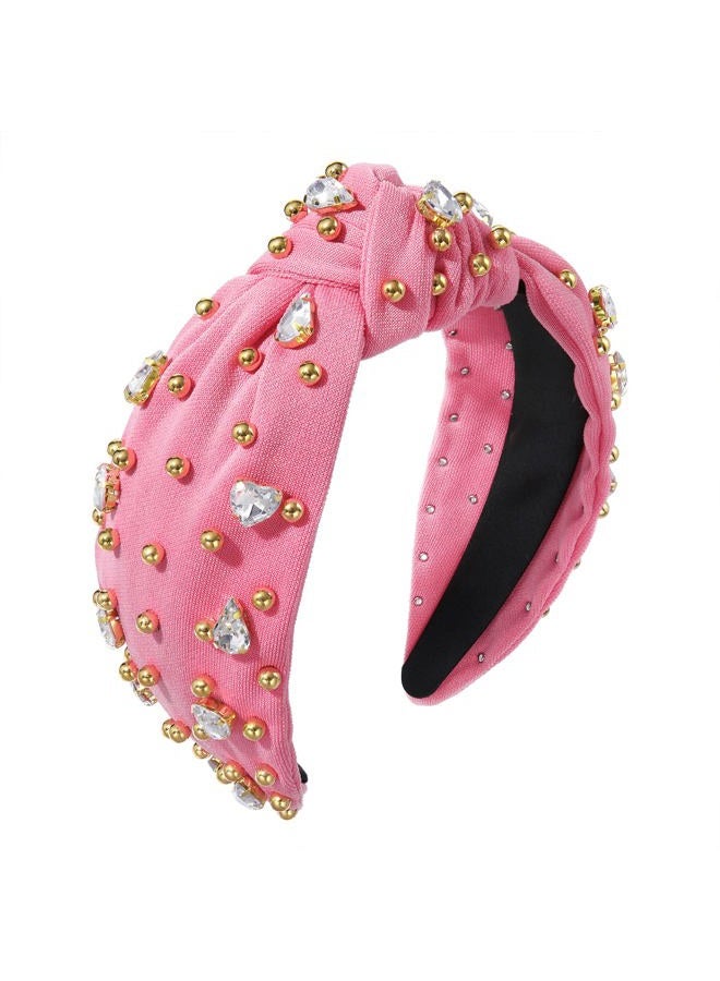 CEALXHENY Crystal Knotted Headbands for Women Sparkly Rhinestone Jeweled Headbands Wide Gold Beads Embellished Hairbands Summer Beach Hair Accessories (Pink) - Image 1