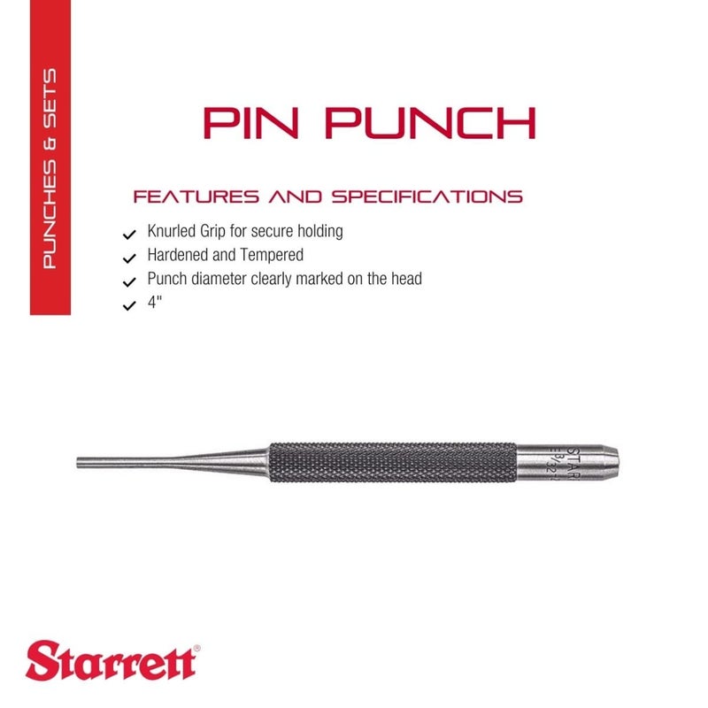 Starrett Drive Pin Punch with Knurled Grip for Driving Pins Into or Out of a Workpiece - Hardened and Tempered Steel, 4" Length, 3/32" Punch Diameter - 565B - Image 2