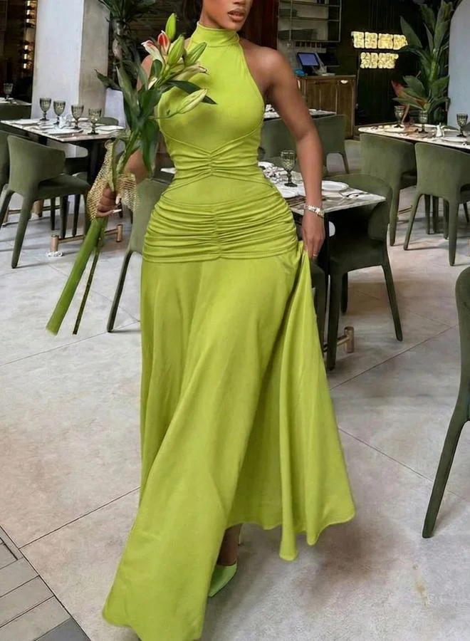 Green Ruched Halter Neck Wiggle Maxi Dress