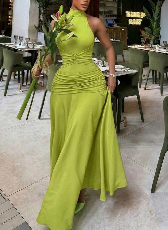 Take Two Green Ruched Halter Neck Wiggle Maxi Dress - Image 1