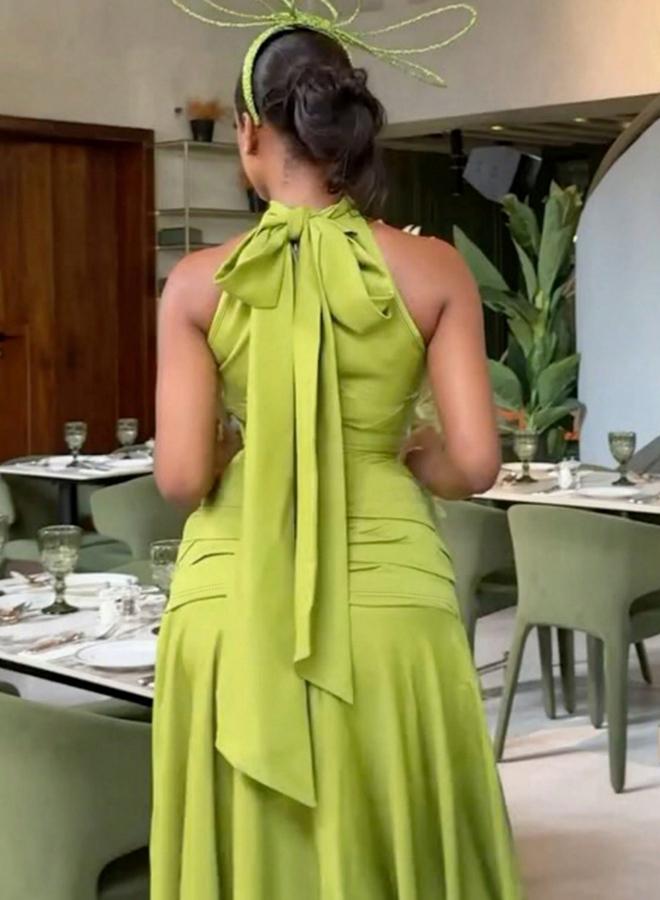 Take Two Green Ruched Halter Neck Wiggle Maxi Dress - Image 5