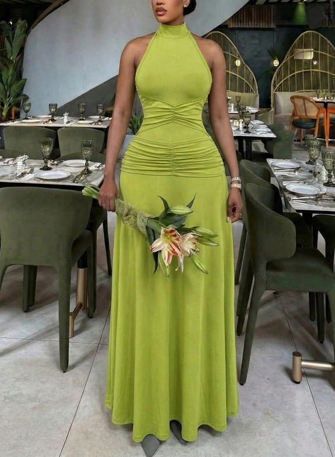 Take Two Green Ruched Halter Neck Wiggle Maxi Dress - Image 2