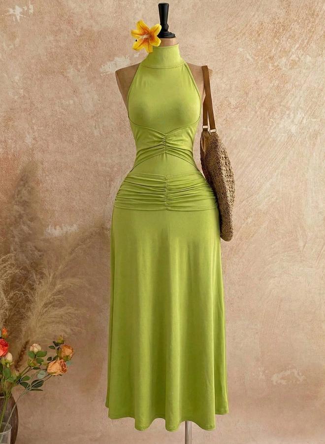 Take Two Green Ruched Halter Neck Wiggle Maxi Dress - Image 4