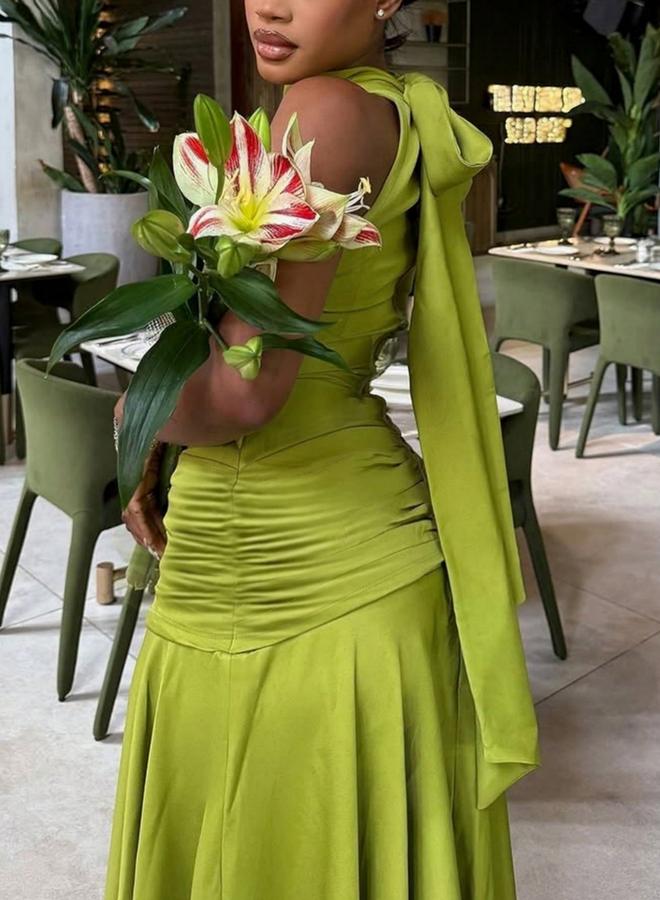 Take Two Green Ruched Halter Neck Wiggle Maxi Dress - Image 3