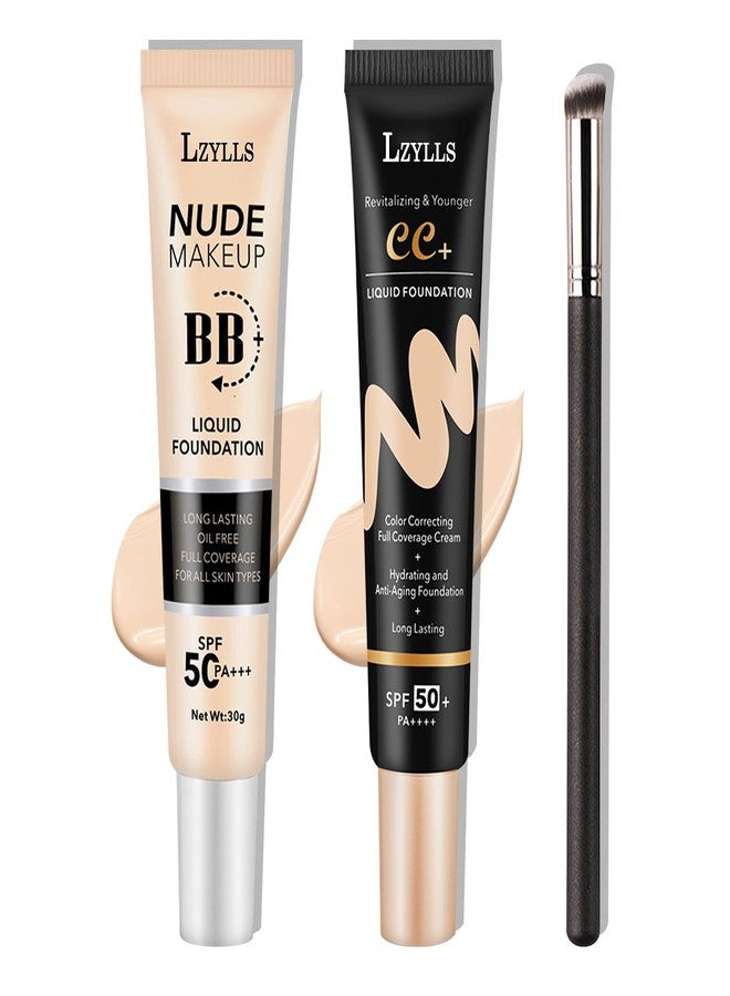 LZYLLS 2 Pack Full Coverage Liquid Foundation,Moisturizing BB Cream Foundation Makeup Set with Foundation Brush,Oil Control Long Lasting Waterproof Concealer CC Cream Foundation for Women（Natural） - Image 1