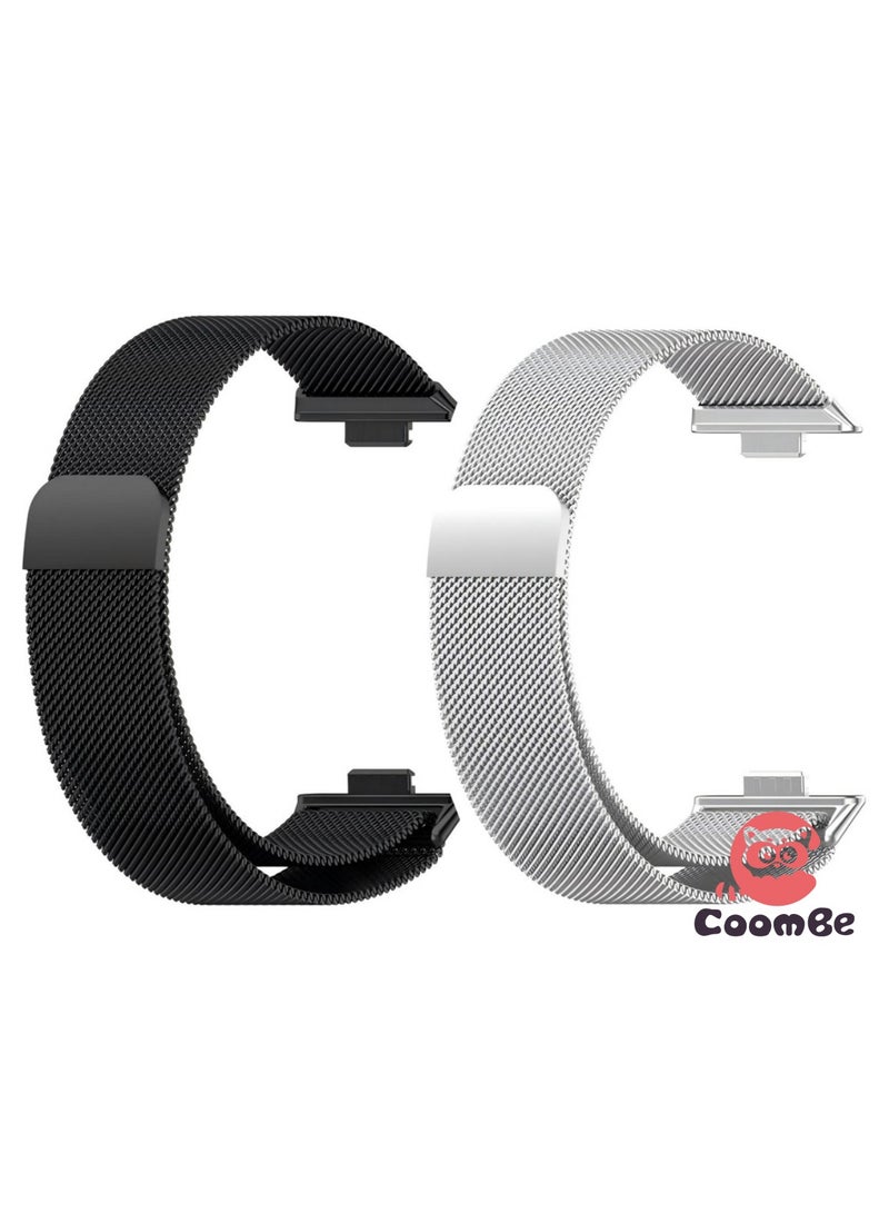كومبي شريط ساعة ذكية مغناطيسي من الفولاذ المقاوم للصدأ، قطعتين، لساعة هواوي فيت 3/فيت 4/فيت 4 برو، باللونين الأسود والفضي - Image 1