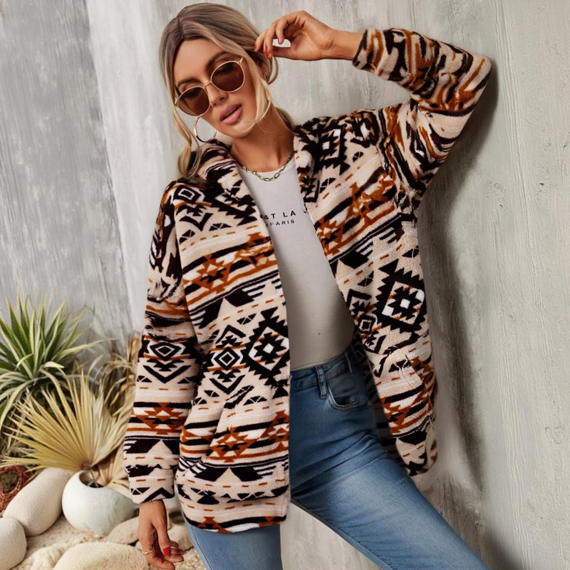 LUKYCILD Womens Western Aztec Print Zip up Hoodies Sweatshirt Sherpa Fleece Jacket Coat with Pockets Casual Warm Outwear - Image 4