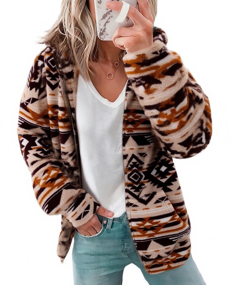 LUKYCILD Womens Western Aztec Print Zip up Hoodies Sweatshirt Sherpa Fleece Jacket Coat with Pockets Casual Warm Outwear - Image 1