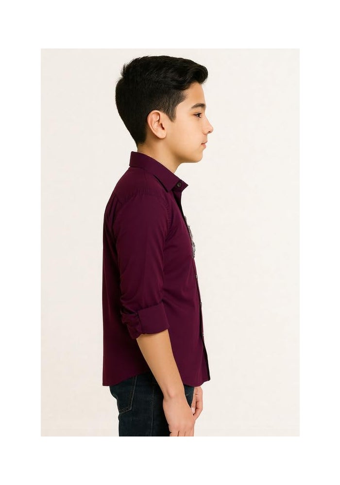 CHARCHIT Boys Cotton Lycra Spread Collar Full Sleeve Plain Shirt - Violet - Image 3