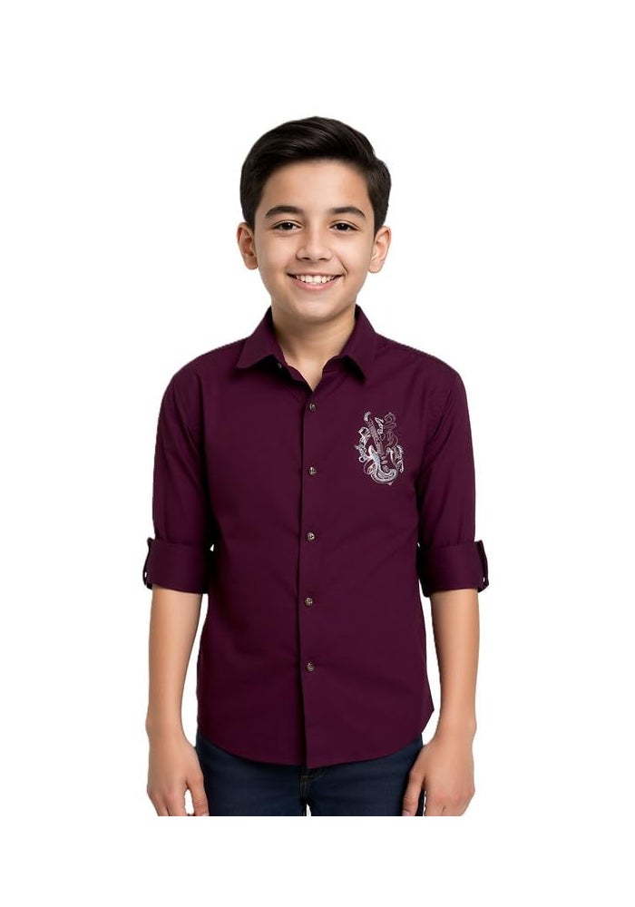 CHARCHIT Boys Cotton Lycra Spread Collar Full Sleeve Plain Shirt - Violet - Image 1