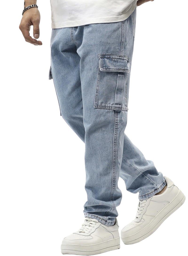 JMIERR Men's Streetwear Cargo Pants Relaxed Straight Leg Jeans Hip Hop Style Denim Trousers with Flap Pockets, 36, Sky Blue - Image 1