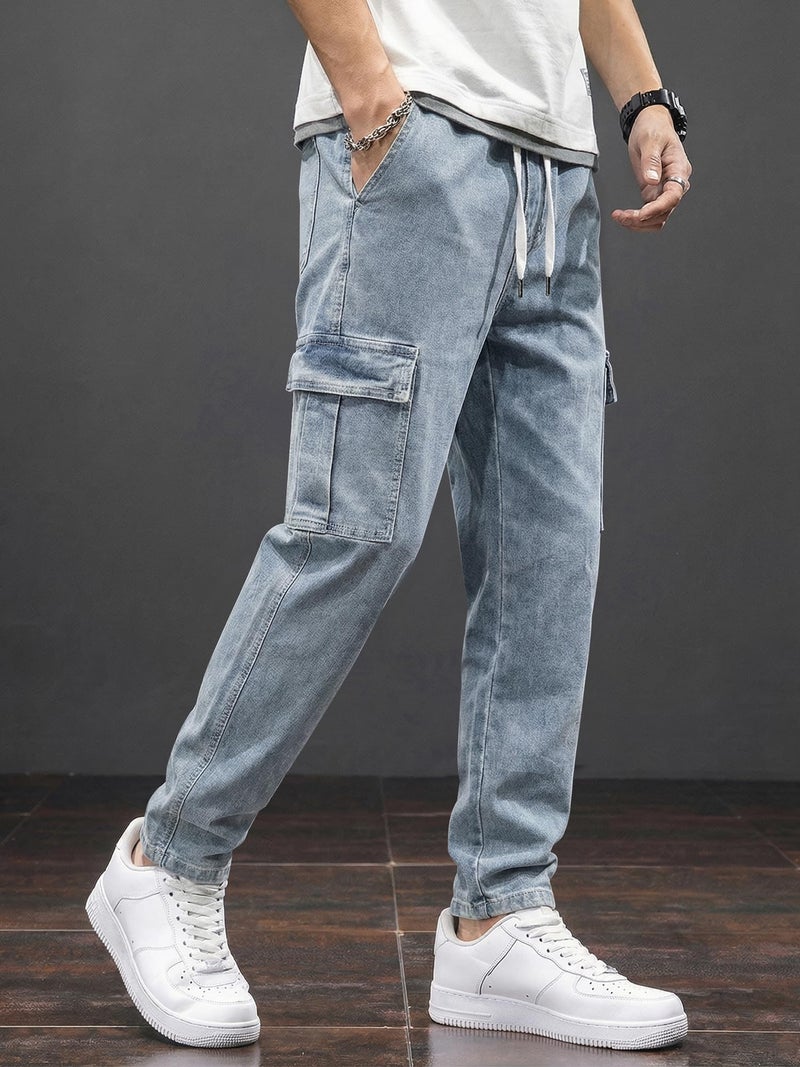 JMIERR Men's Streetwear Cargo Pants Relaxed Straight Leg Jeans Hip Hop Style Denim Trousers with Flap Pockets, 36, Sky Blue - Image 3