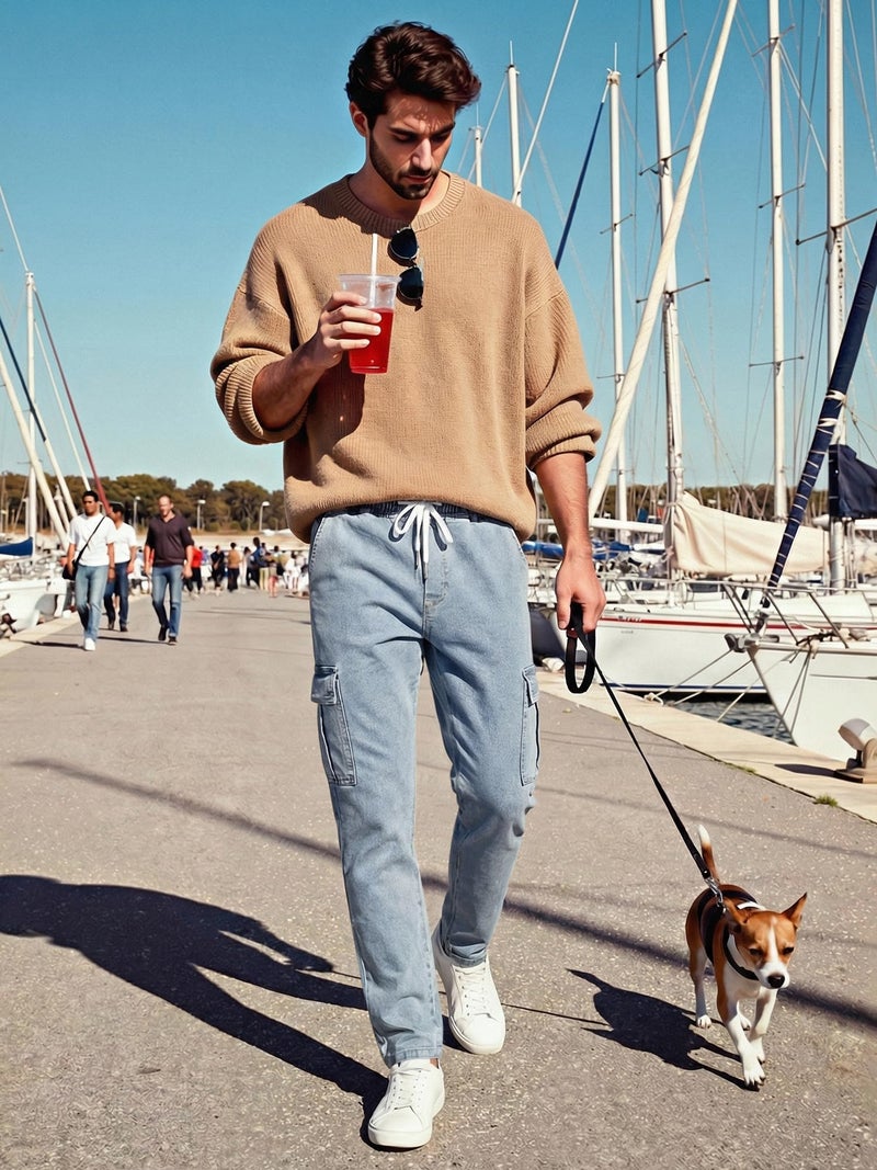 JMIERR Men's Streetwear Cargo Pants Relaxed Straight Leg Jeans Hip Hop Style Denim Trousers with Flap Pockets, 36, Sky Blue - Image 4