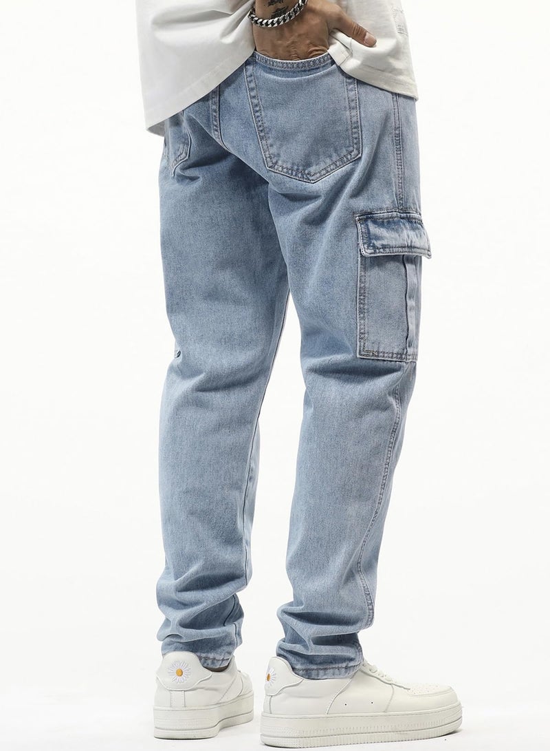 JMIERR Men's Streetwear Cargo Pants Relaxed Straight Leg Jeans Hip Hop Style Denim Trousers with Flap Pockets, 36, Sky Blue - Image 2