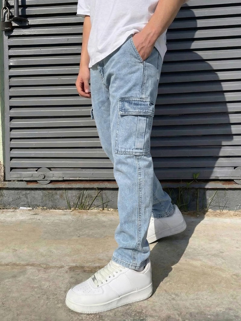 JMIERR Men's Streetwear Cargo Pants Relaxed Straight Leg Jeans Hip Hop Style Denim Trousers with Flap Pockets, 36, Sky Blue - Image 5