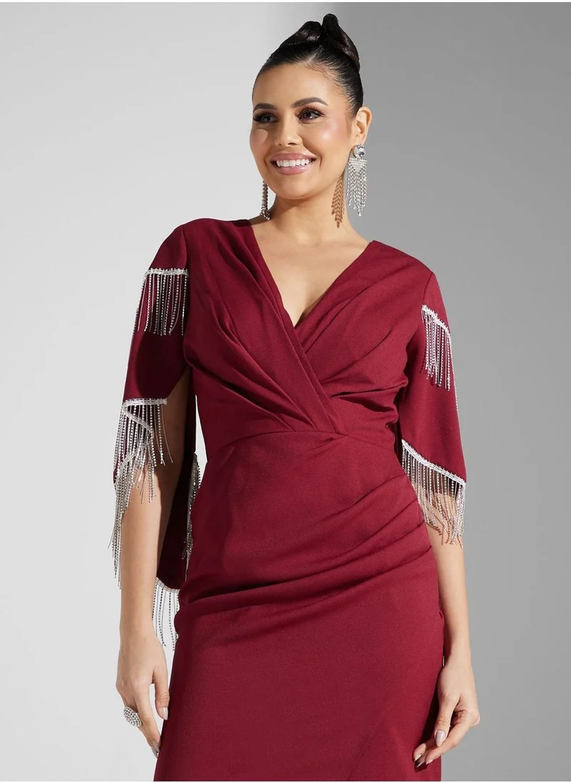 Akadia Fashion Fringed Sleeve Gown Dress