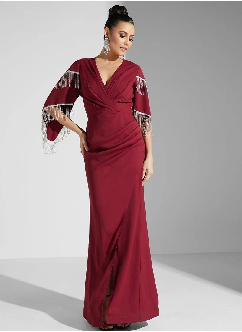 Akadia Fashion Fringed Sleeve Gown Dress