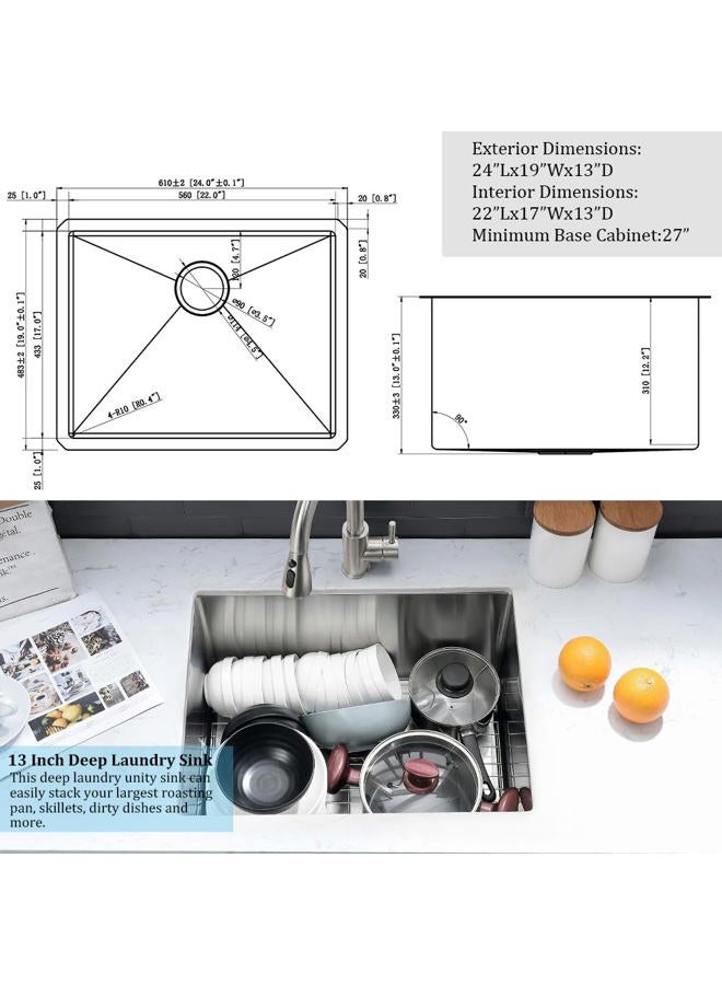 VASOYO Stainless Steel Undermount Laundry Room Sink-VASOYO 24x19x13 Undermount Laundry Sink Stainless Steel 16 Gauge Single Bowl Deep Under Mount Kitchen Utility Sinks Outdoor Basin - Image 5