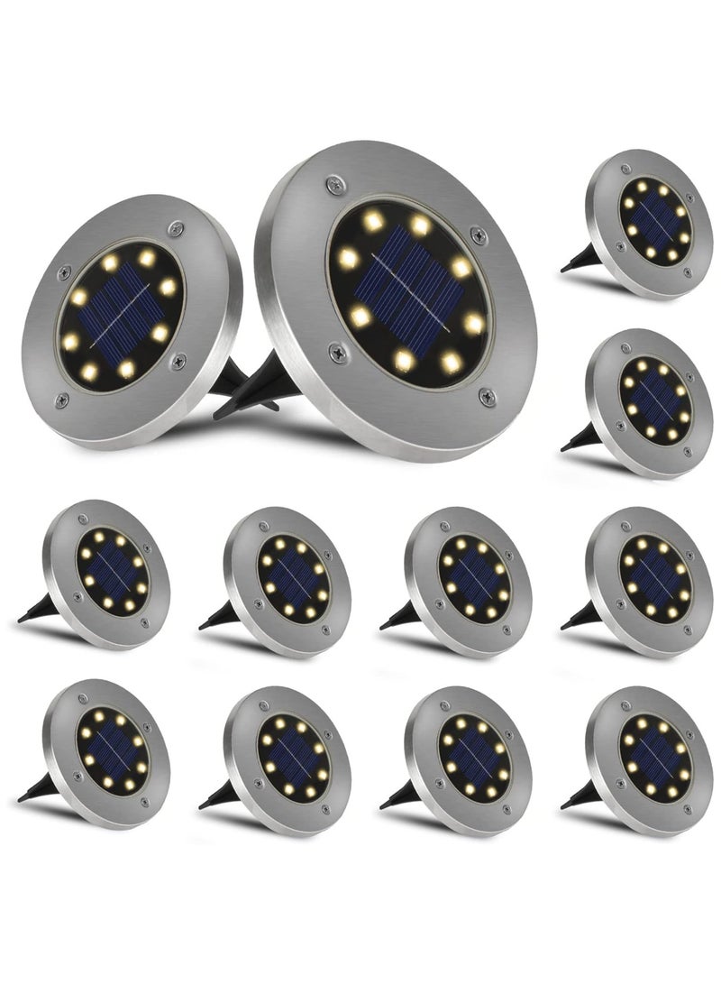AIWANTO 12 Pack Solar Ground Lights Outdoor – Stainless Steel 8 LED IP65 Waterproof Solar Disk Lights with Auto On/Off, White Light for Garden, Lawn, Pathway & Yard Decoration - Image 1