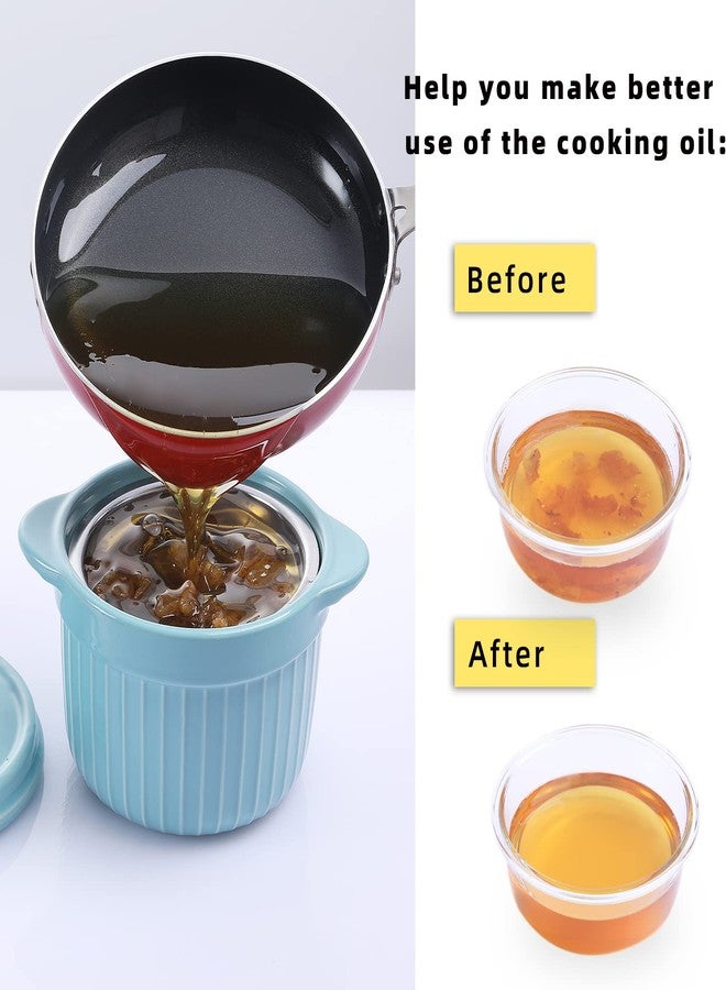 ONTUBE Ceramic Bacon Grease Container Keeper with Strainer, Frying Oil Storage Can, Turquoise - Image 4