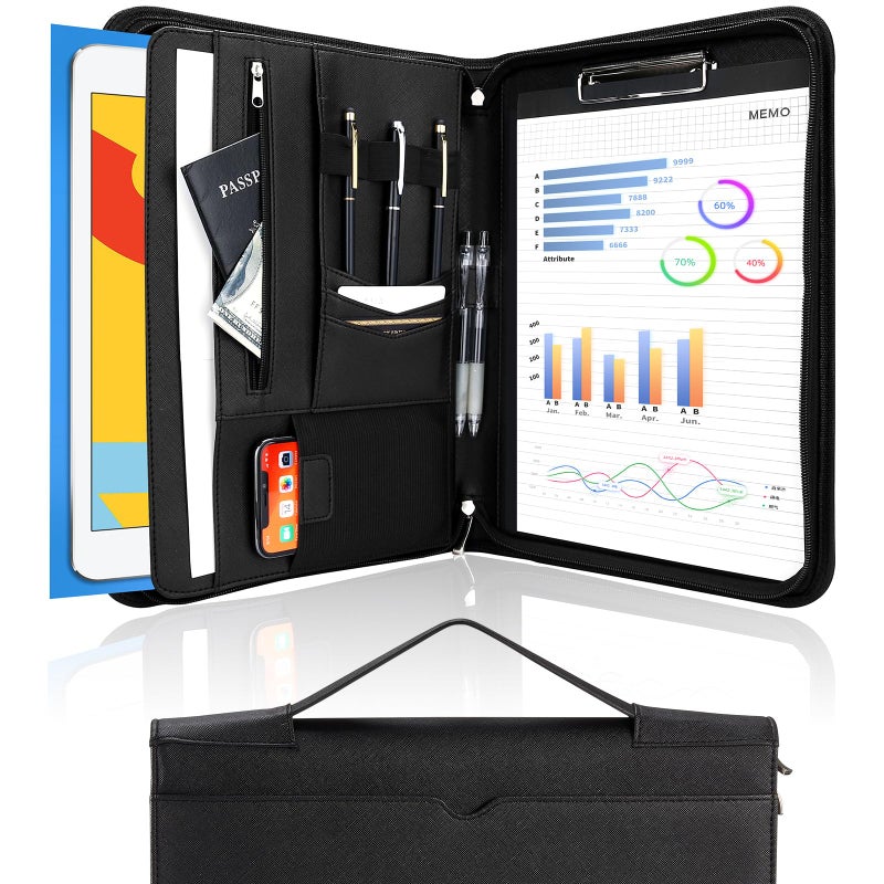 ProCase Portfolio Business Padfolio Folder with Handle and Zipper, Conference Meeting Executive File Legal Document Organizer with Pockets Letter Size A4 Writing Pad Notepad Padfolio -Allblack - Image 1