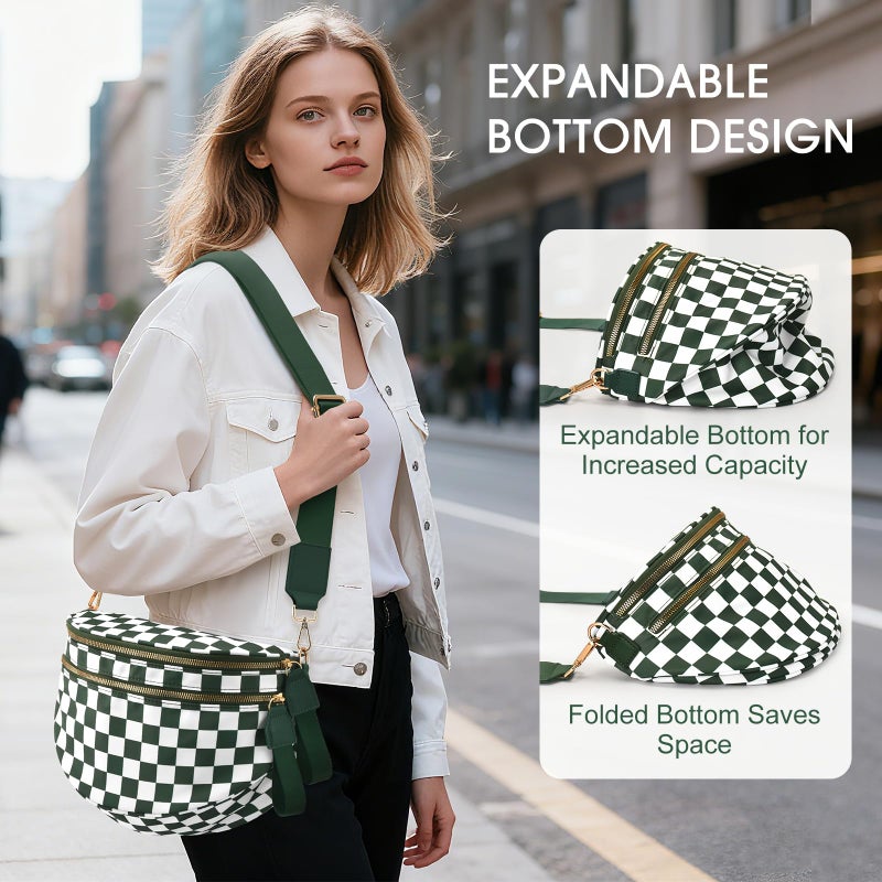 Becokan Checkered Nylon Crossbody Bag Bum Bag for Women Mom Spacious Checkered Crossbody Purses Shoulder Handbag - Image 5