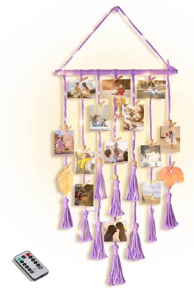 Hanging Photo Display Wall Decor Purple Macrame Hanging Boho Room Bedroom Decor Picture Frame Collage with Light 30 Clips Christmas Teenage Teen Girl Gifts Ages 10 11 12 13 14 Years Old