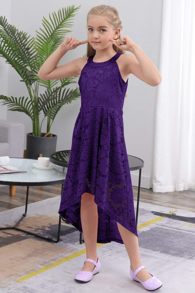 GORLYA Girl's Elegant Halter Neck Floral Lace Hi-Lo Flower Girl Birthday Party Dress for 4-14T Kids (GOR1027, 9-10Y, Purple) - Image 4