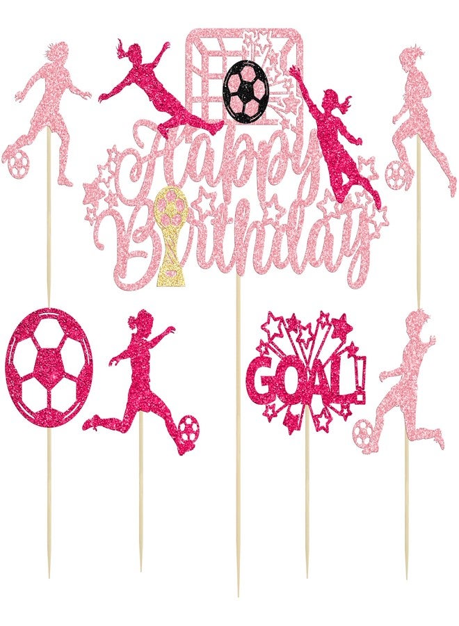 Ephlyn 25Pcs Soccer Cupcake Toppers Happy Birthday Cake Topper Glitter Women Girl Football Cake Decorations for Sports Theme Soccer Party Decoration Baby Shower Supplies Pink Rose Red - Image 3