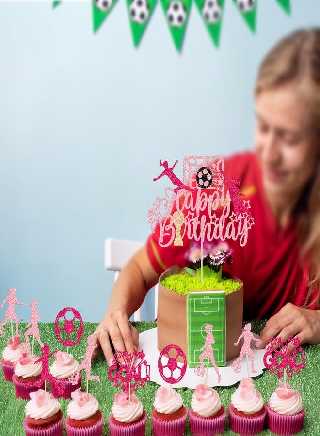 Ephlyn 25Pcs Soccer Cupcake Toppers Happy Birthday Cake Topper Glitter Women Girl Football Cake Decorations for Sports Theme Soccer Party Decoration Baby Shower Supplies Pink Rose Red - Image 5