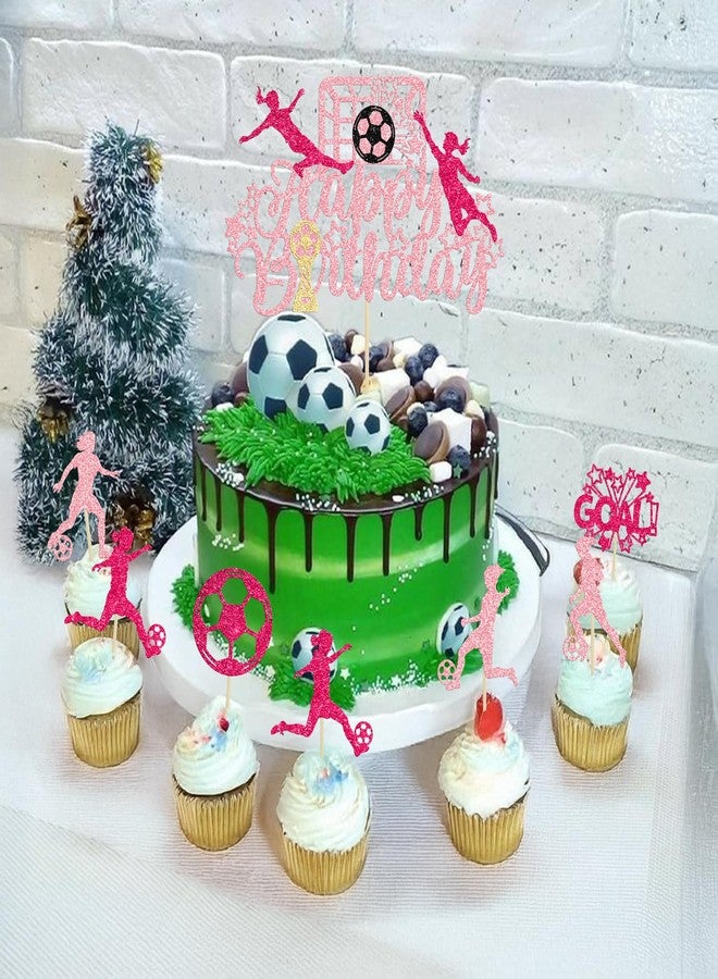 Ephlyn 25Pcs Soccer Cupcake Toppers Happy Birthday Cake Topper Glitter Women Girl Football Cake Decorations for Sports Theme Soccer Party Decoration Baby Shower Supplies Pink Rose Red - Image 4