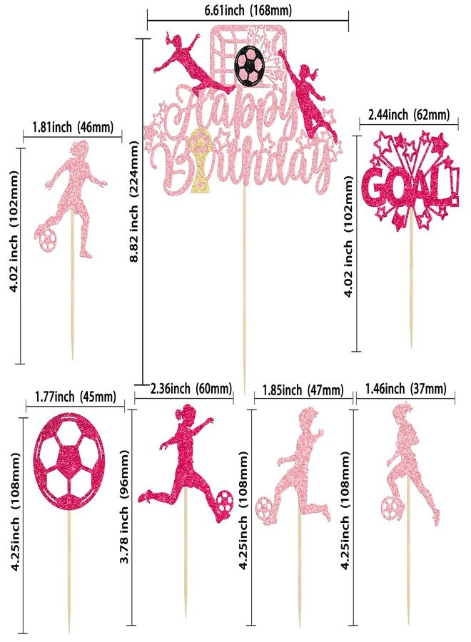 Ephlyn 25Pcs Soccer Cupcake Toppers Happy Birthday Cake Topper Glitter Women Girl Football Cake Decorations for Sports Theme Soccer Party Decoration Baby Shower Supplies Pink Rose Red - Image 2