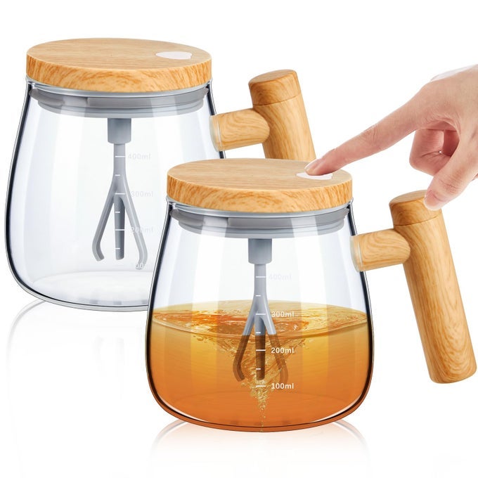 2 PCS SELF MIXING GLASS COFFEE MUG WITH LID HANDLE AUTOMATIC ELECTRIC CUP ROTATING BLENDER MUG FOR STIR MIXED DRINK MILK PROTEIN OFFICE HOME BATTERY OPERATED 400ML CLEAR