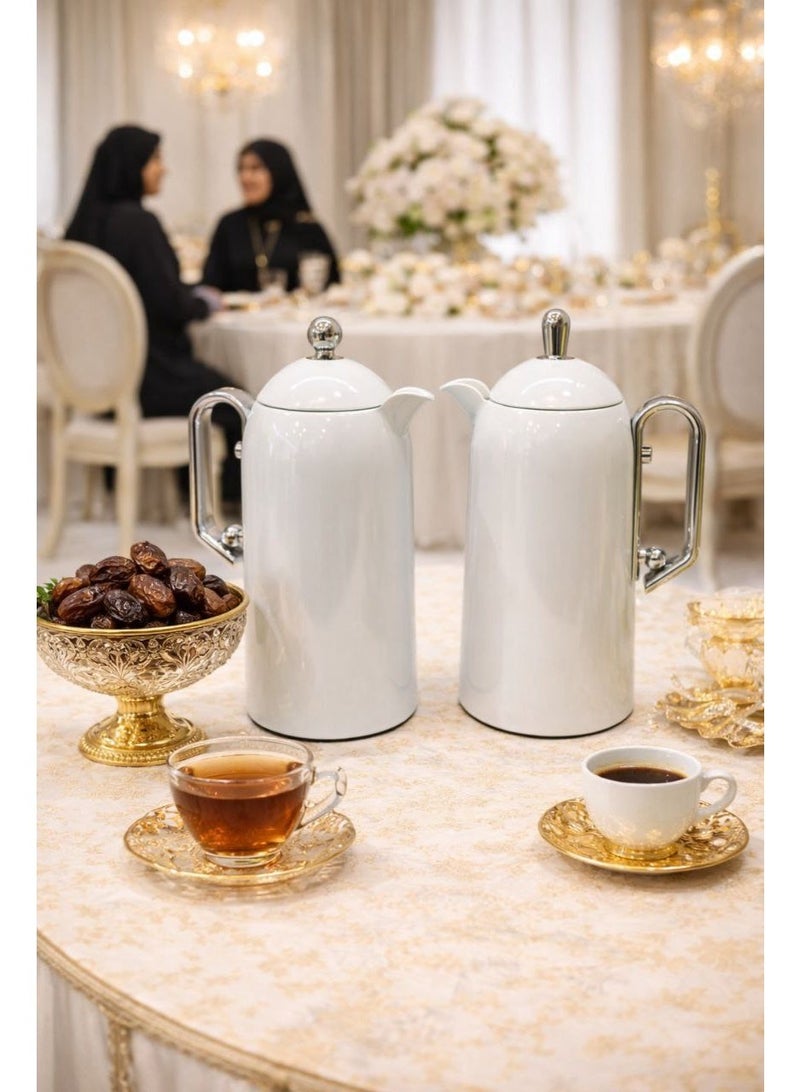 Lavin Luxury Flask Set 1Liter+1Liter / Arabic Fashion Coffee (Kawa) & Tea Thermos / Premium Glass Inner / Hot&Cold / White /HB