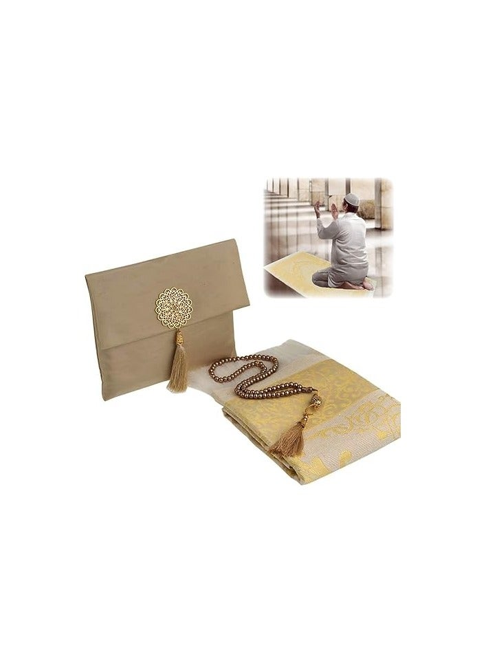 Prayer Rug Muslim Mat Islamic, Portable Prayer Mat with Islam Prayer Beads, Portable Travel Prayer Mat Set for Kids Men Women, for Eid Ramadan Gifts Hajj Travel, Pray (Brown) - Image 1
