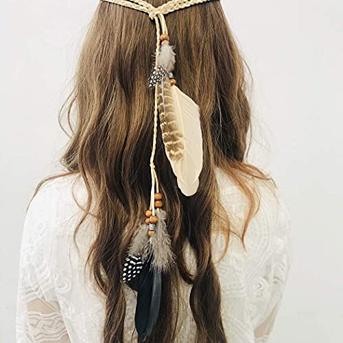 Campsis Indian Feather Headbands Boho Princess Head Chain Adjust Headdress Handmade Rope Hair Accessories for Women and Girls (H) - Image 4