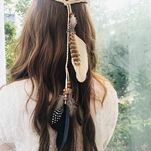 Campsis Indian Feather Headbands Boho Princess Head Chain Adjust Headdress Handmade Rope Hair Accessories for Women and Girls (H) - Image 1