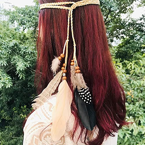 Campsis Indian Feather Headbands Boho Princess Head Chain Adjust Headdress Handmade Rope Hair Accessories for Women and Girls (H) - Image 2