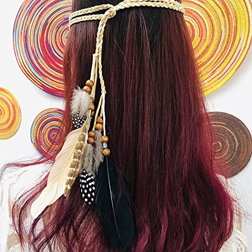 Campsis Indian Feather Headbands Boho Princess Head Chain Adjust Headdress Handmade Rope Hair Accessories for Women and Girls (H) - Image 5